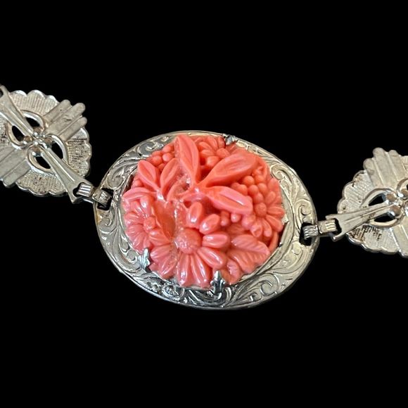 Art Deco Carved Glass Coral Color Link Bracelet 7.5” Sterling Finding - Picture 2 of 7